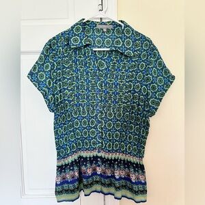 Colorful Abstract Printed Short Sleeve Button-Up Blouse